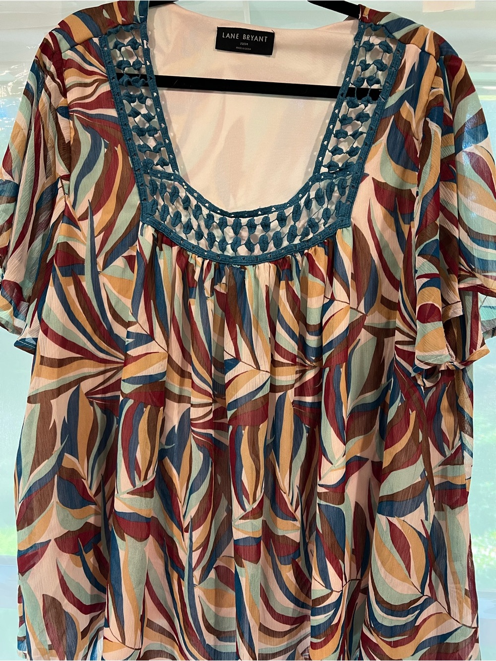 Lane Bryant Teal-Trim Multicolor Scoop-Neck Printed Blouse